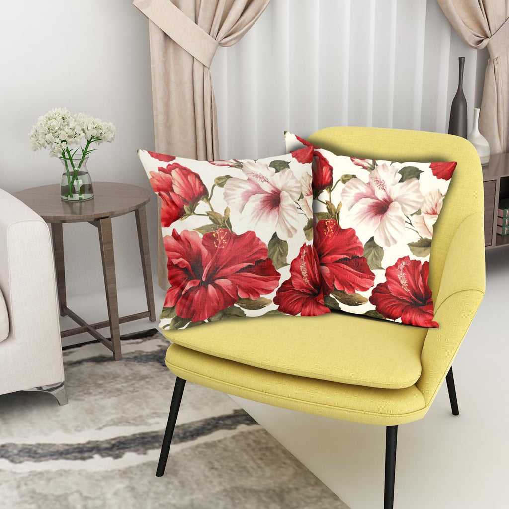 2PCs Hibiscus Flower Pillow Covers Tropical Red White Floral Decorative Throw Pillowcases 20x20inch Spring Summer