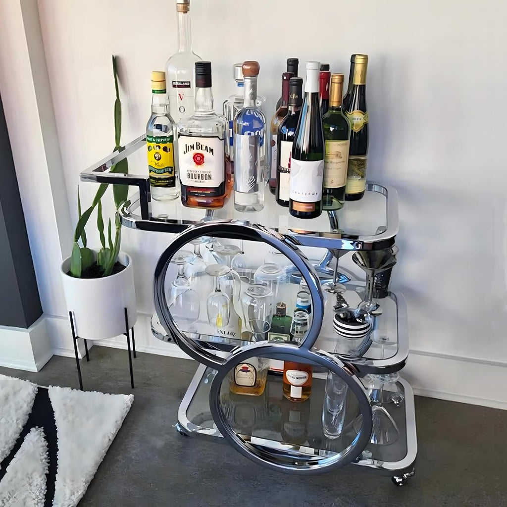 Home Bar Serving Carts 3 Tier Kitchen Carts on Wheels Mobile Bar Carts Kitchen Dining Room Living Room Party, Chrome