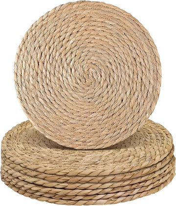13Inch Round Water Hyacinth Placemats, Boho Natural Hand Woven Braided Place Mats, Heat Resistant Rustic - Set of 6