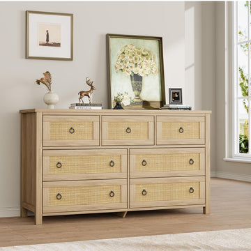Rattan Dresser with 7 Drawers, 54'' Wide Chest of Drawers with Large Clothes Storage Cabinet, Wood Bedroom Dresser