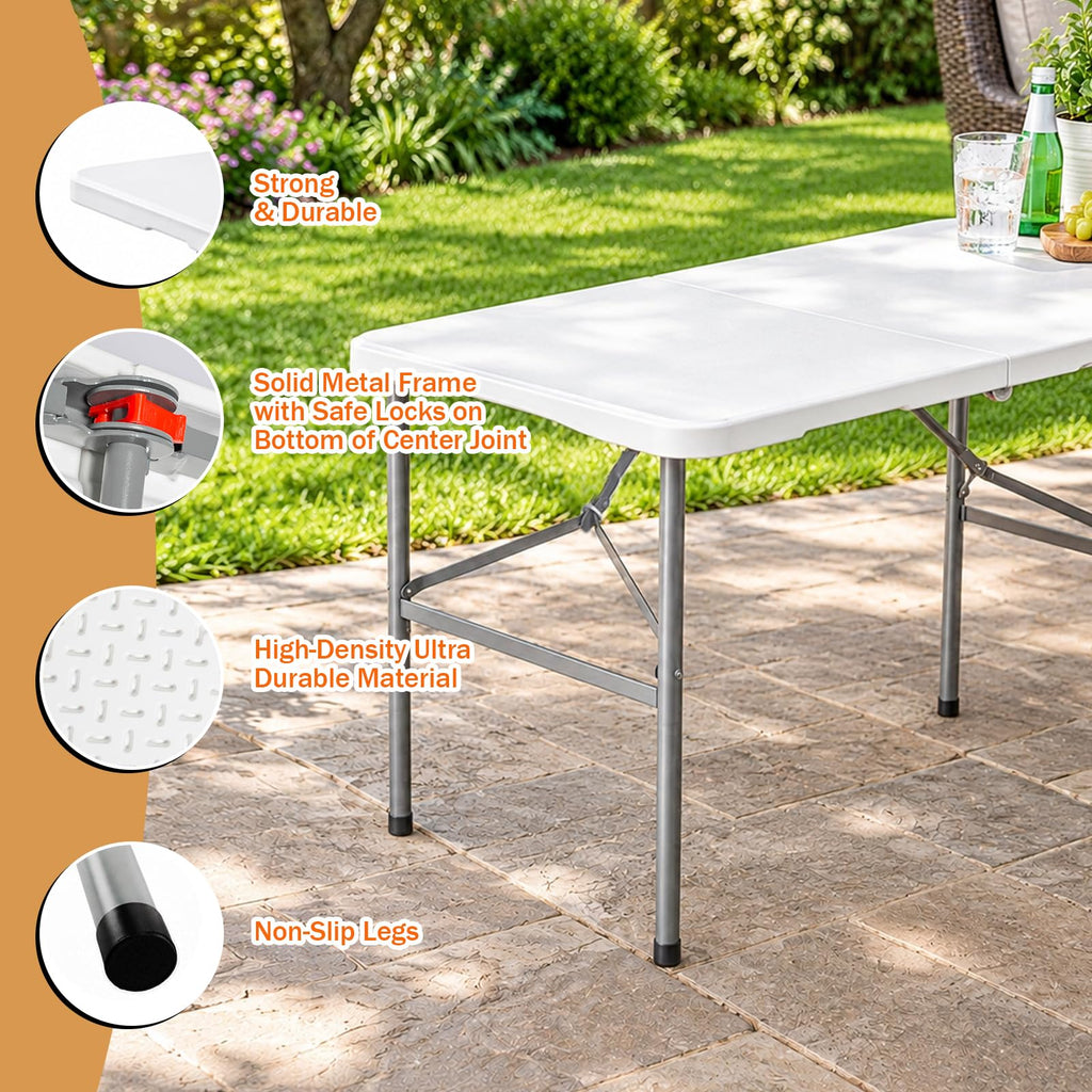 4FT Portable Folding Table, White Square Card Table with Carrying Handle & No Assembly, Slim Folding Table Built in