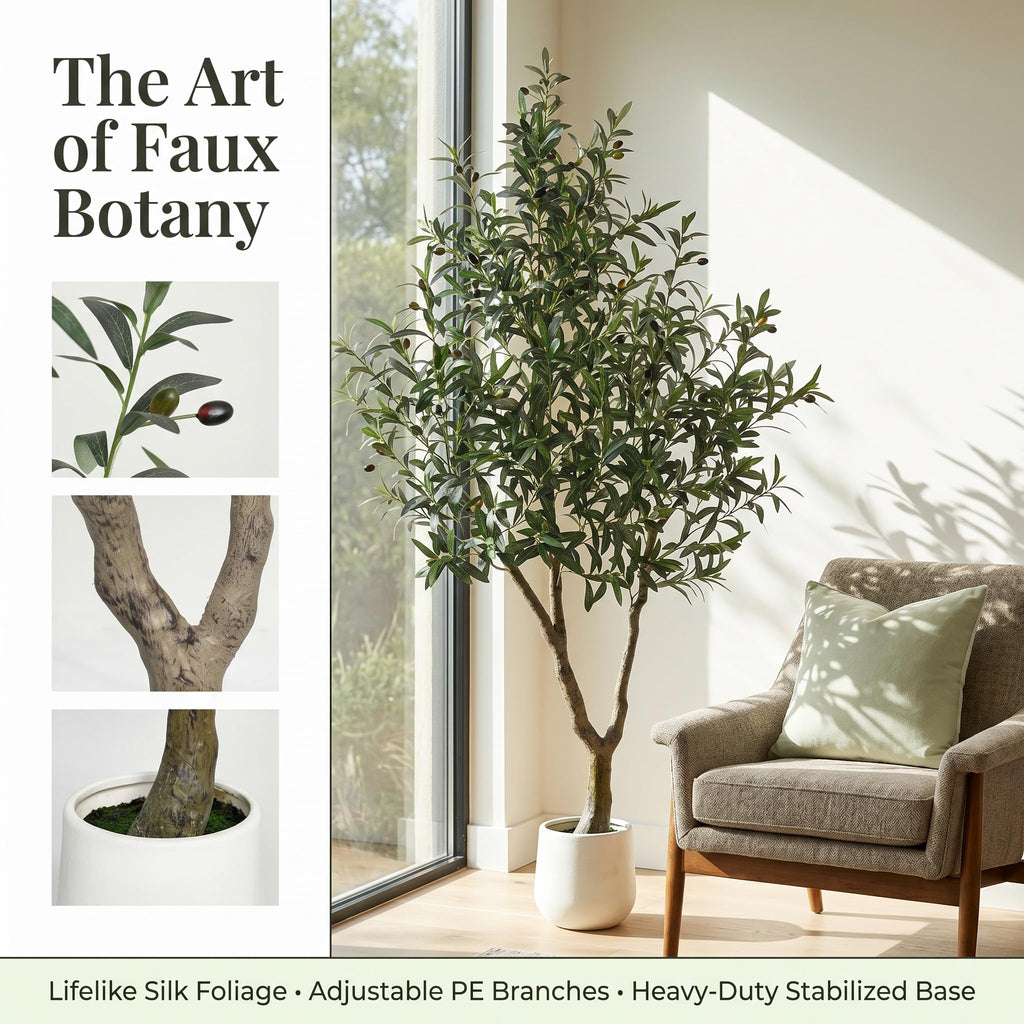 6FT Olive Trees Artificial Indoor, Thick Trunks, White Exquisite Planter, Fake Plants with Realistic Leaves and