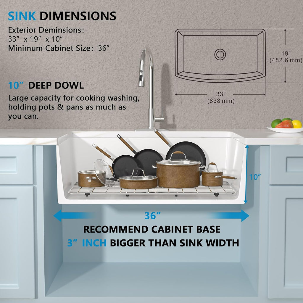 33"x19" White Farmhouse Kitchen Sink - Curved Farm Apron Front White Ceramic Porcelain Fireclay Deep Single Bowl Farm