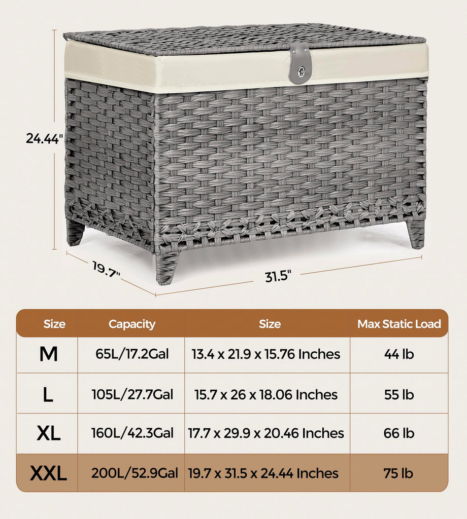 Wicker Storage Basket with Lid, 200L Storage Bin with Removable Liner Bag