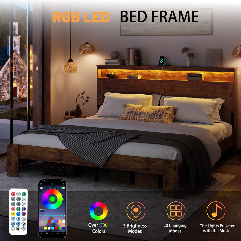 Wooden Bed Frame King Size with Storage Headboard, Brown