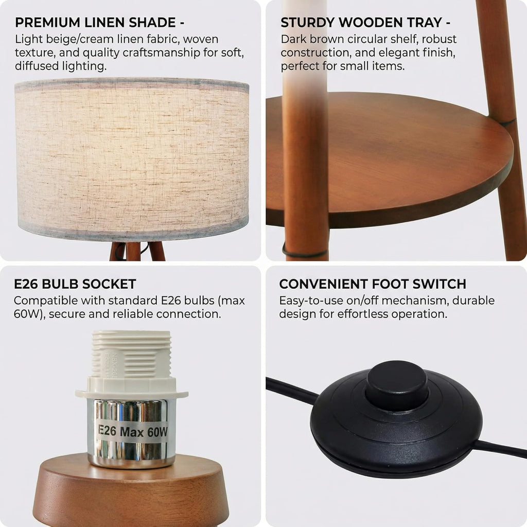 Modern Floor Lamp with White Drum Shade, Wood and Metal Construction, Adjustable Height