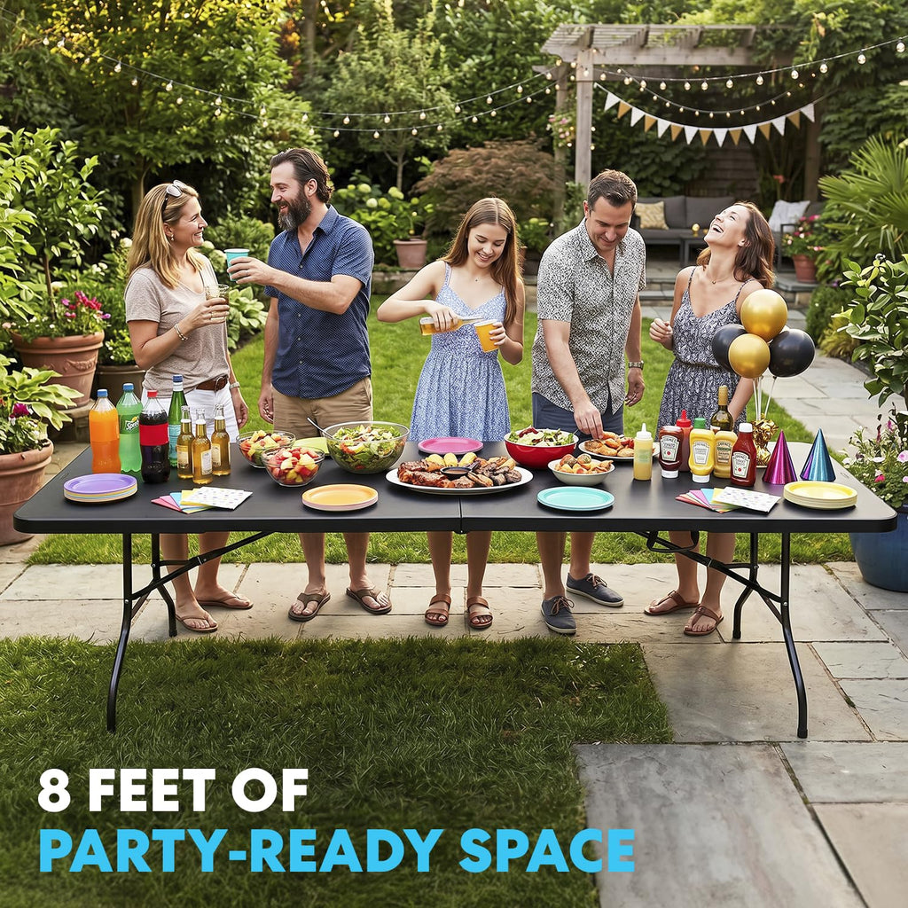 8ft Portable Plastic Folding Table - Indoor & Outdoor Heavy-Duty Foldable Utility Table w/Handle for Party & Camping