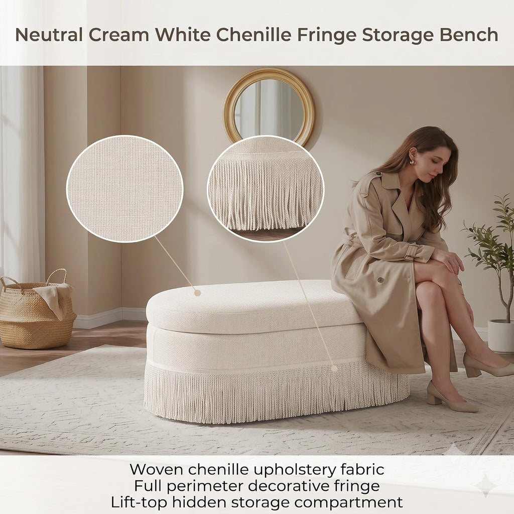 End of Bed Storage Bench, Oval Chenille Fringe Ottoman | 39"L × 16"D × 16"H, 350 lbs Capacity, Twist-On Metal Legs