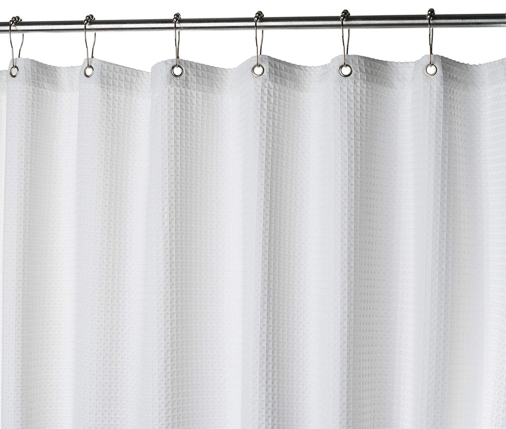 Fabric White Shower Curtain - 60" x 72" Spa, Hotel Luxury Matt Waffle Weave Square Design, Water Repellent, 230 GSM