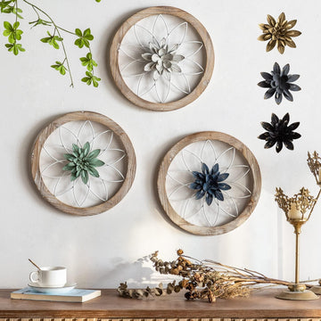 3 Piece Round Farmhouse Wall Decor with 6 Piece Interchangeable Flowers 12'' Medallion Wood & Metal Rustic Wall Art