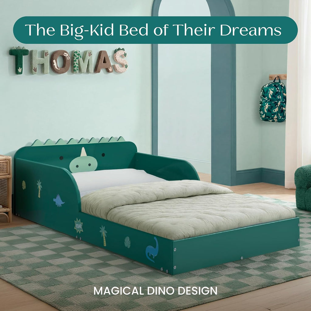 Dino Wood Floor Toddler Bed with Reusable Stickers, Green