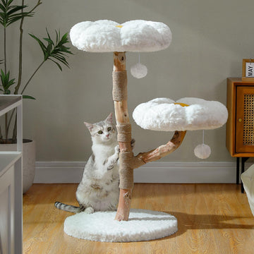 Wood Flower Cat Tree, Modern Cat Tower with Real Wood Branches, Luxury Boho Furniture with Scratching Post and 2