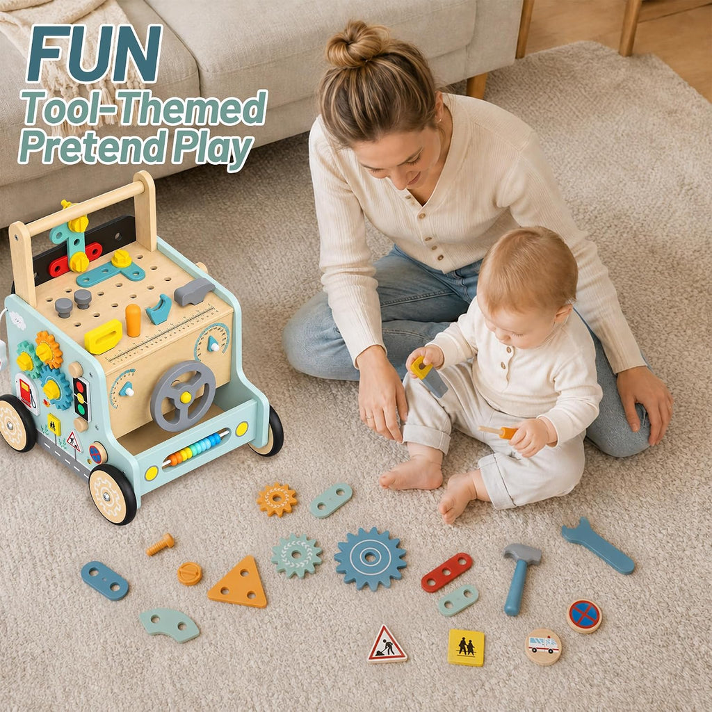 Wooden Baby Push Walker with Tools Bench Toys for Toddler Boy Girl Gifts