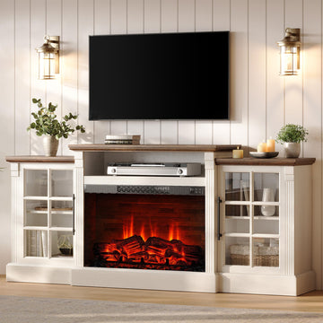 70" Farmhouse TV Stand with 28" Fireplace, White Barnwood