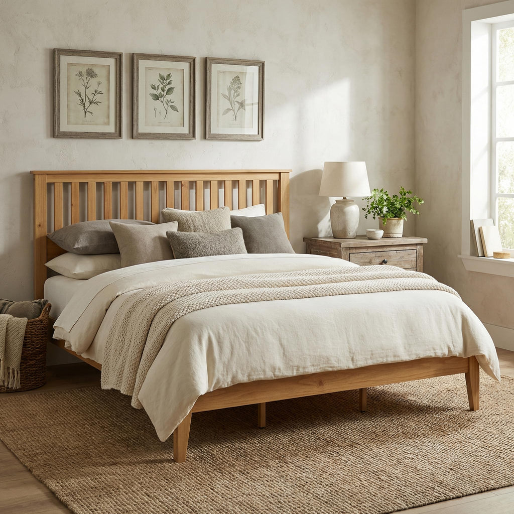 Wood Platform Bed - Pine, King, Bed & Mission-Style Headboard