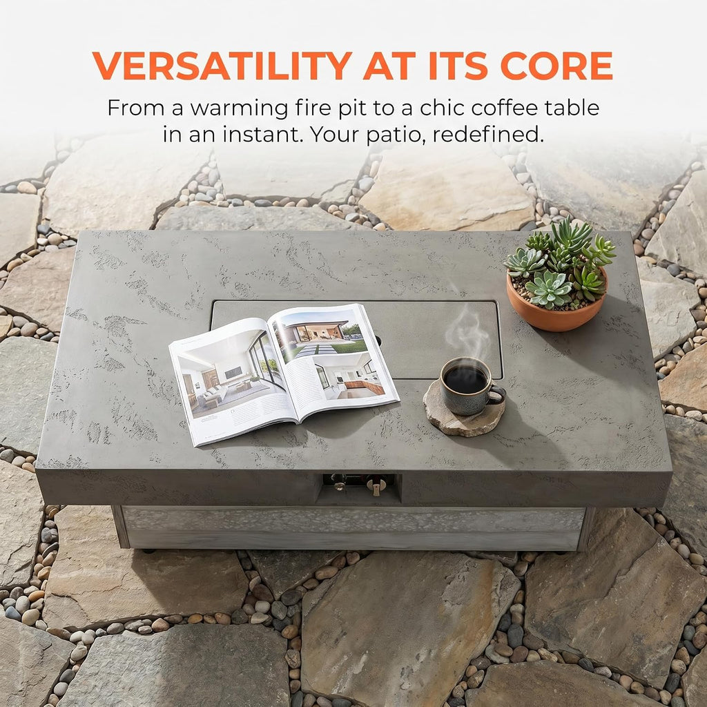 48x24 Adjustable Propane Fire Pit Table 50000 BTU Cement Grey | Converts from a warm fire pit to a sleek coffee table