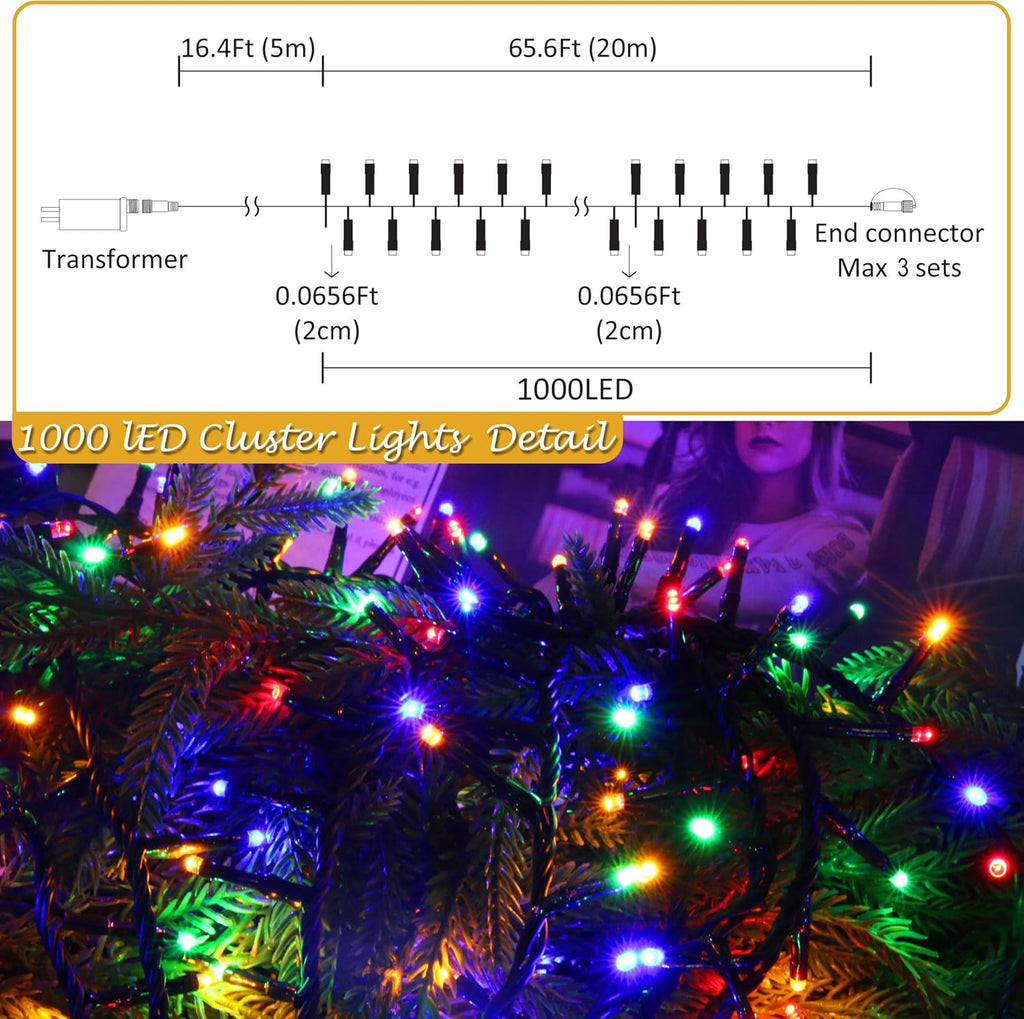 1000 LED 82 FT Christmas Cluster Lights Multi&Warm String Lights Decor