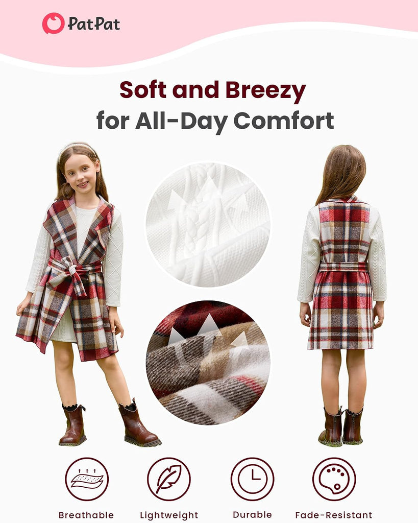 Girls Long Sleeve Plaid Cardigan Dress Set 3Pcs Belt Outfit