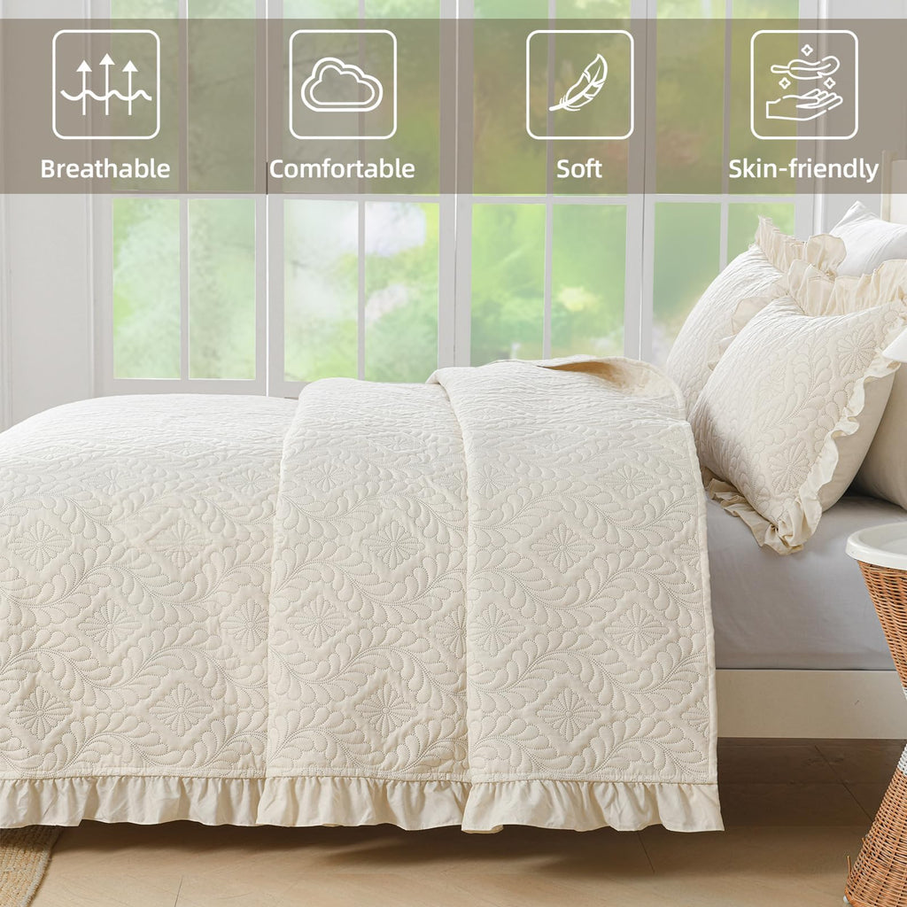 Quilt Bedding Set, Ruffled Reversible Bedding Set, Beige