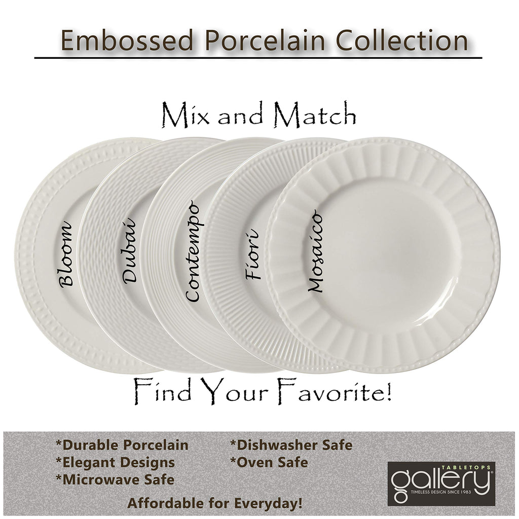 Embossed Bone White Porcelain Round Dinnerware Collection- Chip Resistant Scratch Resistant