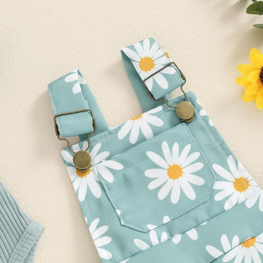 Newborn Baby Girl Clothes Summer Outfit Short Sleeve Ribbed Romper Floral Suspender Overalls Shorts Set