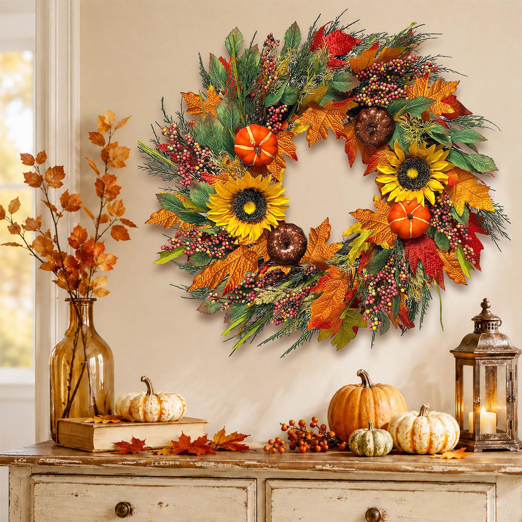 24Inch Lighted Fall Wreaths for Front Door with Timer, Fall Door Wreath