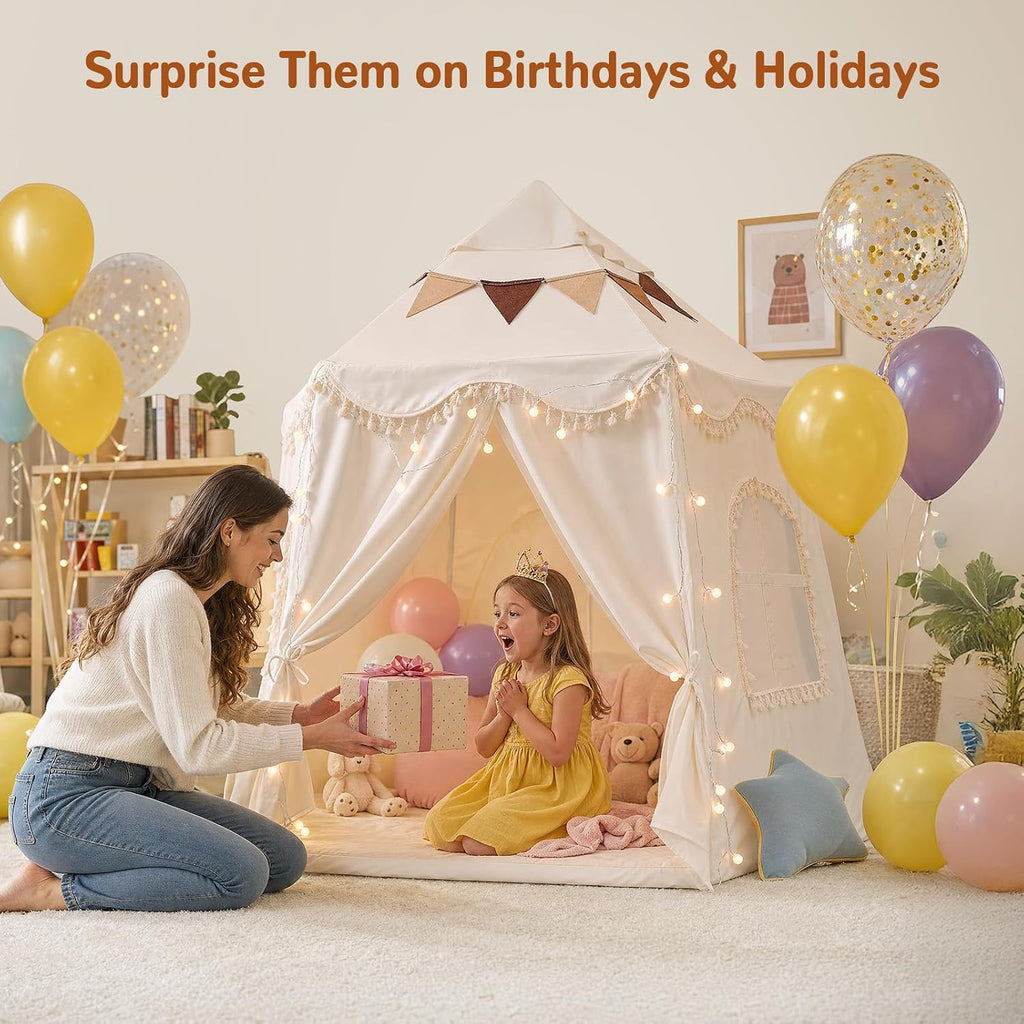 Extra Large Kids Play Tent Indoor 59x51in: Castle Tent with Mat Light Flags