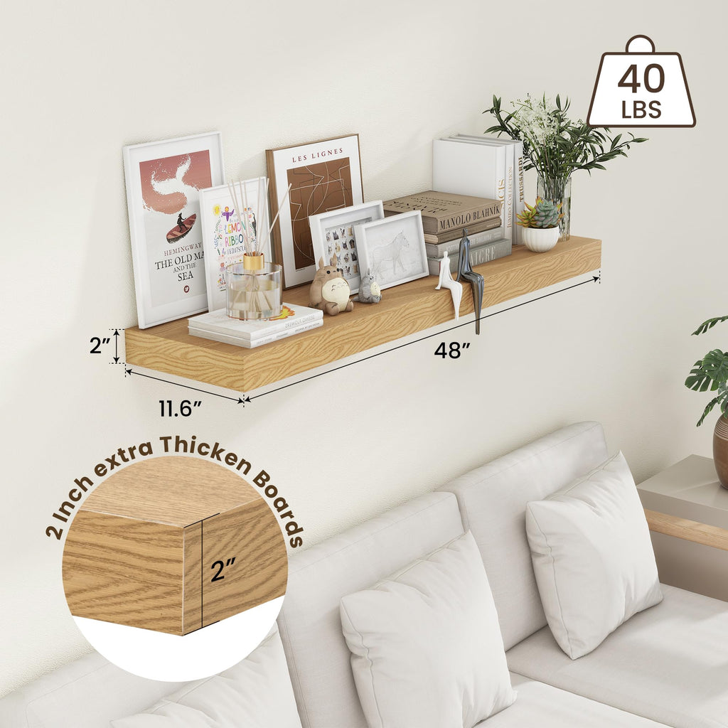 48 Inch Floating Shelf, 12'' Deep Oak Shelves for Wall Set of 1