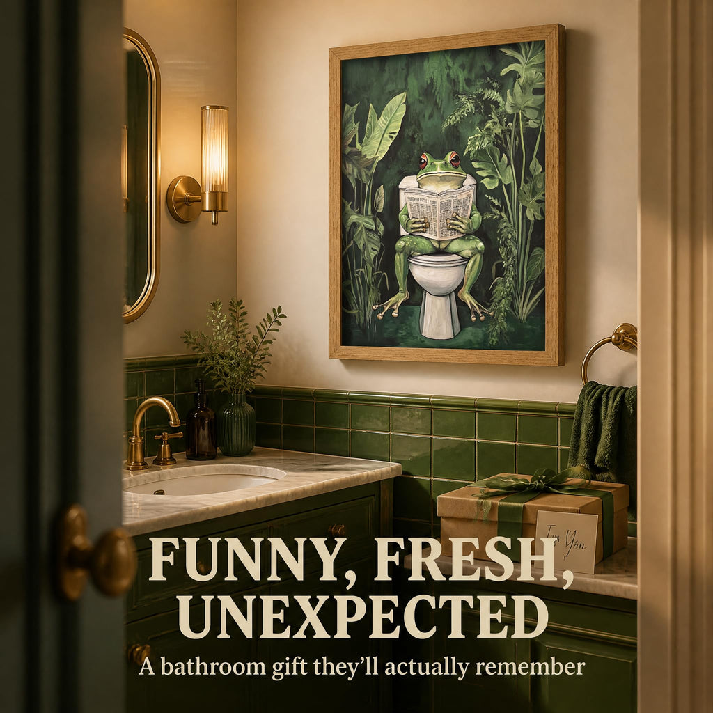 Funny Bathroom Canvas Wall Art Framed Frog on Toilet Reading Newspaper Wall Decor Tropical Green Plants Bathroom