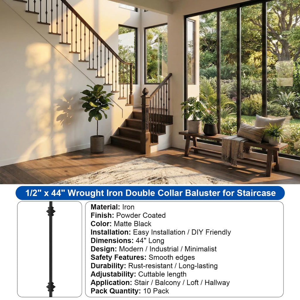 44" Iron Double Collar Balusters for Staircase Interior, 1/2" Hollow Stair Balusters, Matte Black Metal Balusters