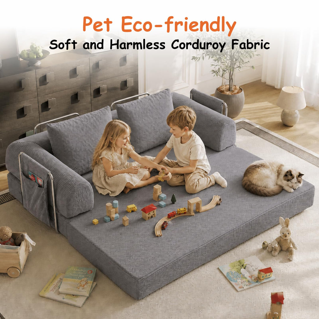 78" Convertible Sofa Bed, Corduroy Pull Out Couch with Fixed Frame & Pocket