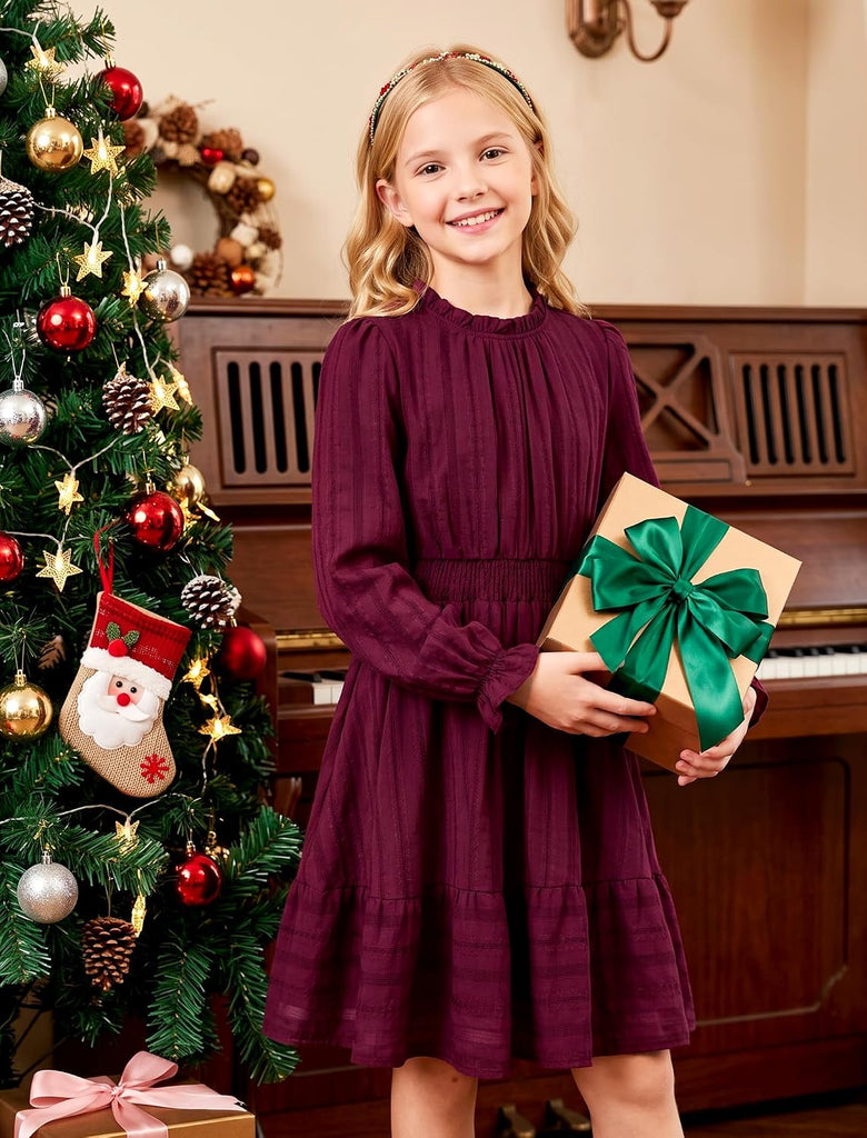 Girls Fall Cotton Dress Ruffle Neck Long Sleeve Casual Dresses