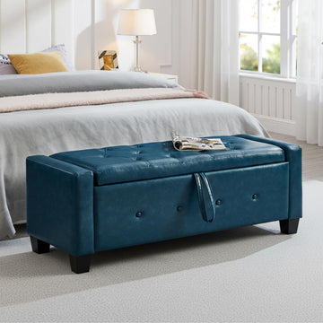 48" Faux Leather Ottoman with Storage, Blue