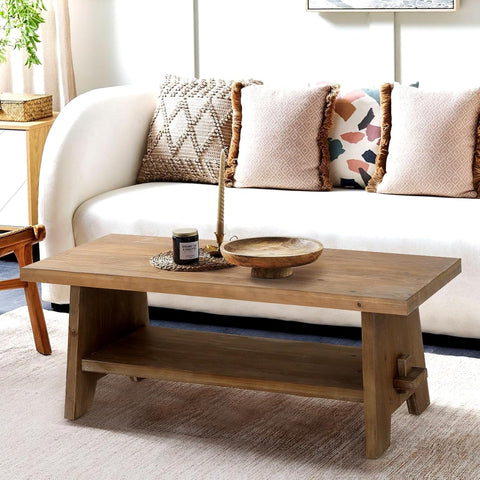 Farmhouse Wood Coffee Table - 43.4” Mid Century Modern Wooden Coffee Tables