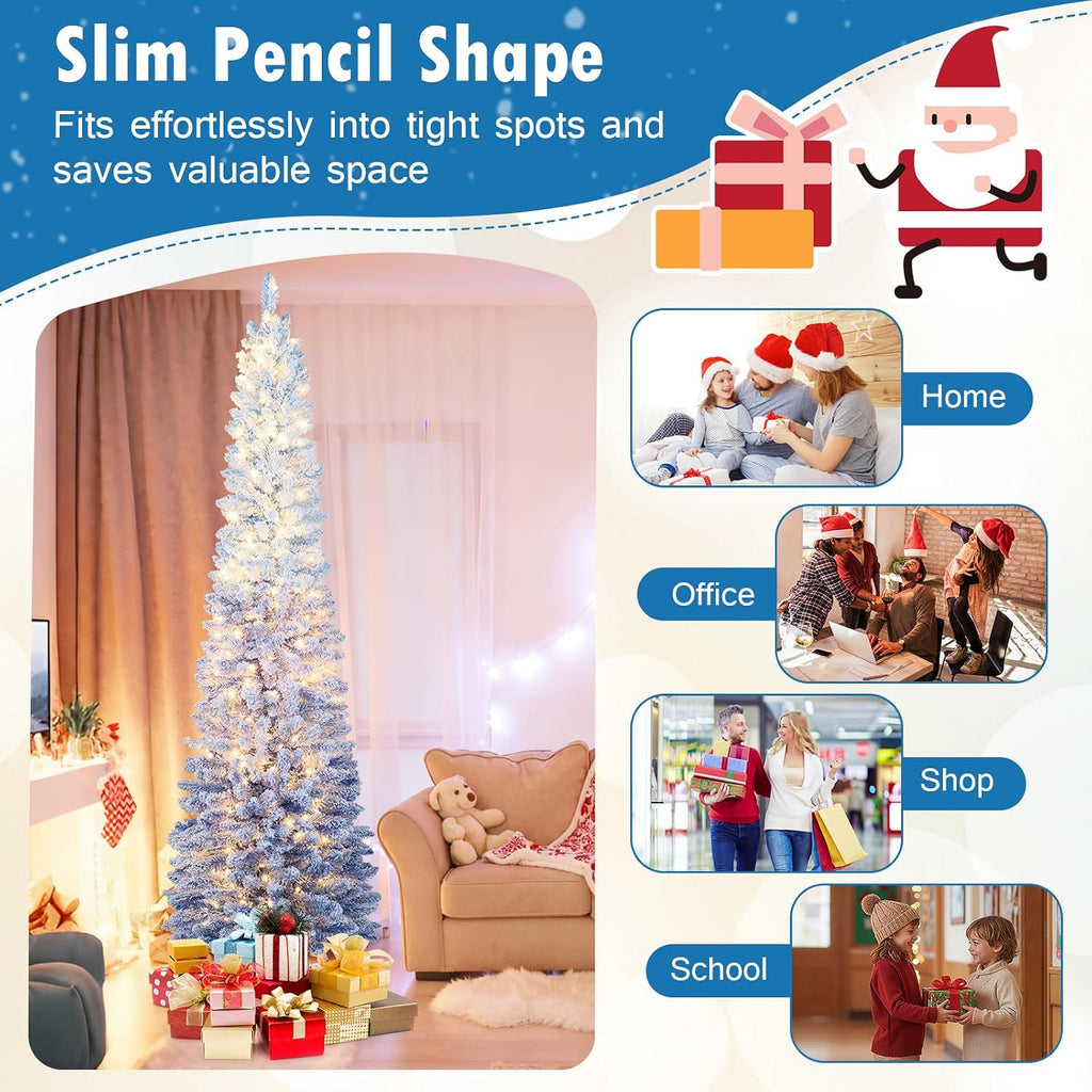 7 FT Pre-lit Flocked Pencil Christmas Tree Blue Slim Artificial Xmas Tree with 588 Branch Tips, 290 Warm White LED