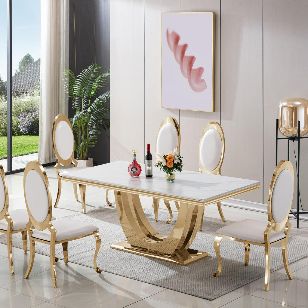 White Marble Dining Table Luxury Faux Marble Kitchen Table with U-Shape Mirrored Finish Pedestal Base, 68"
