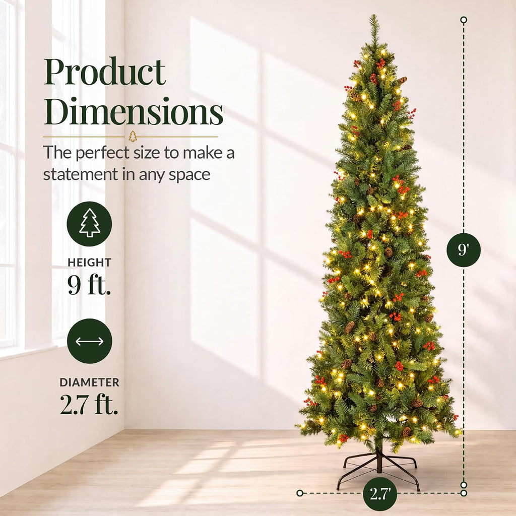 Pre-Lit Spruce Pencil Christmas Tree Pre-Decorated w/Twinkling LED Lights Holiday Decoration w/ 460 Lights, 1,298