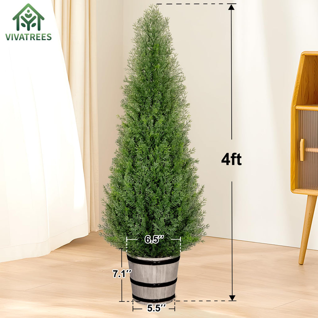 4FT Artificial Cedar Topiary Trees with Rustic Barrel Planter, Outdoor Indoor Realistic Faux Pine Shrubs Plants, Fake