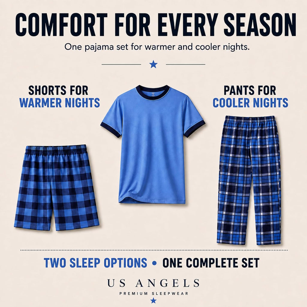 Boys Pajamas Set | Piece Pant, Shirt, Shorts Sleepwear Pjs for Kids | Loose Fit, Soft, Breathable Blue Plaid