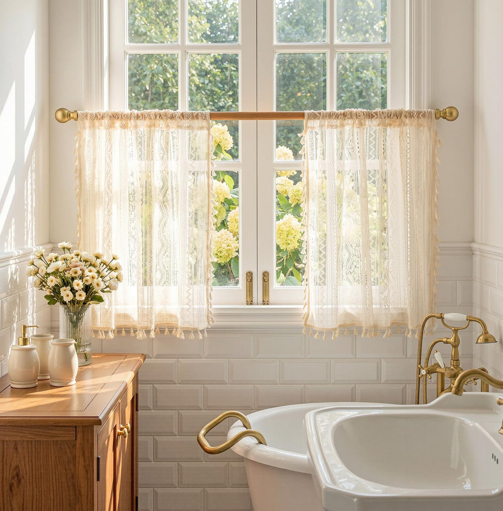 Beige Lace Tier Curtains 24 Inch Length 2 Panels Kitchen Cafe Sheer Short Boho Half Country Rod Pocket Curtains for