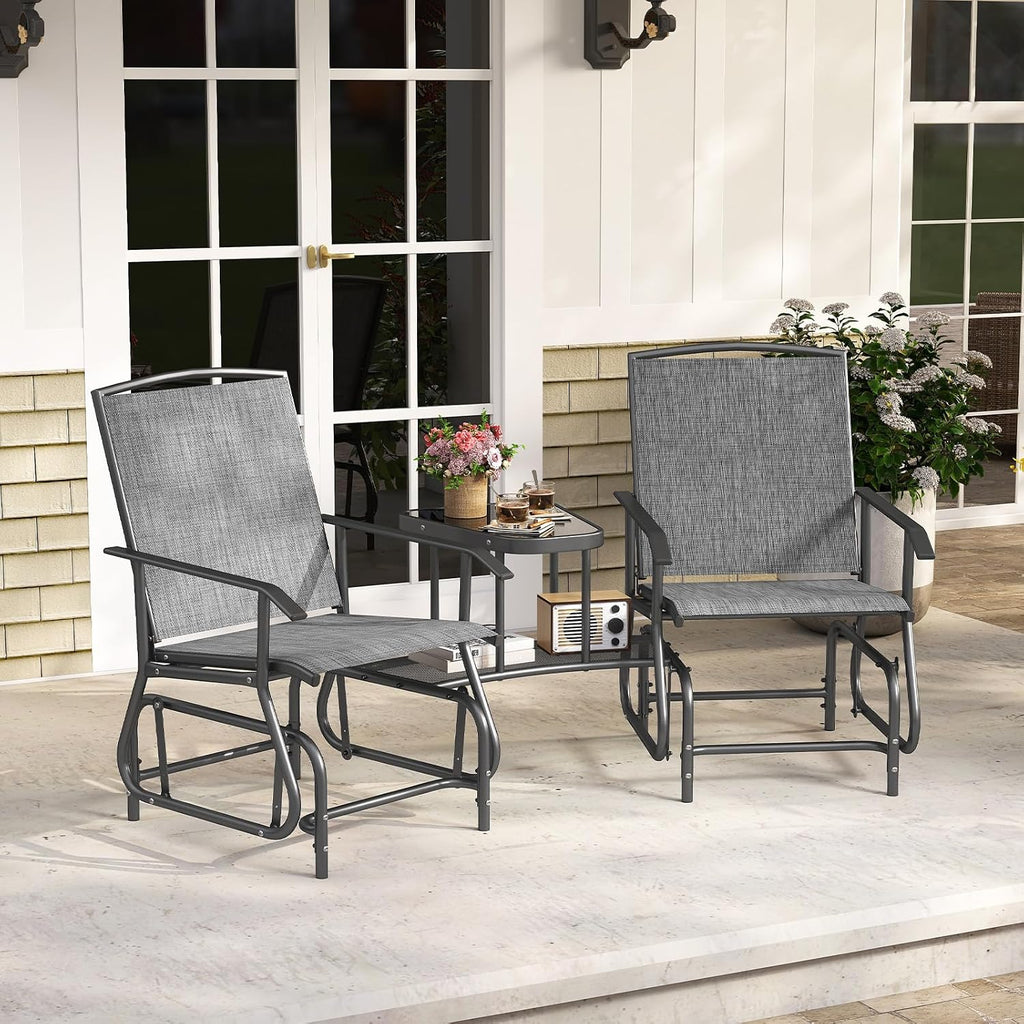 Patio 2 Person Swing Glider Chair, Outdoor Double Rocking Chair W/Center Table & Umbrella Hole, Reinforced Steel