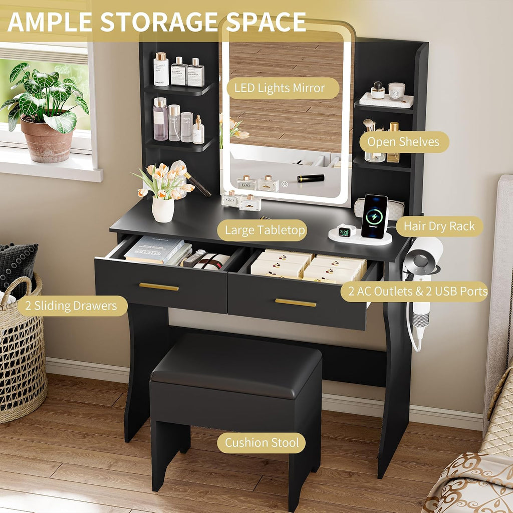 Vanity Desk with LED Lights Mirror & Power Outlet, Small Makeup Vanity Table Set with Storage Drawers & Chair, 3
