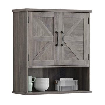 Farmhouse Bathroom Cabinet Wall Mounted, Washed Grey Small Medicine Cabinet with Adjustable Shelf, Bathroom Cabinet