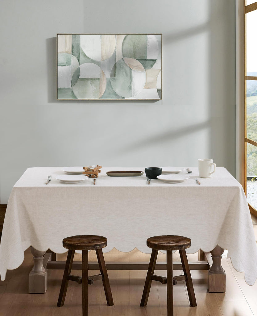 100% French Flax Linen Tablecloths Scalloped Embroidery Rectangle 84Lx60W Inch for Dinners, Parties, Spring, Easter