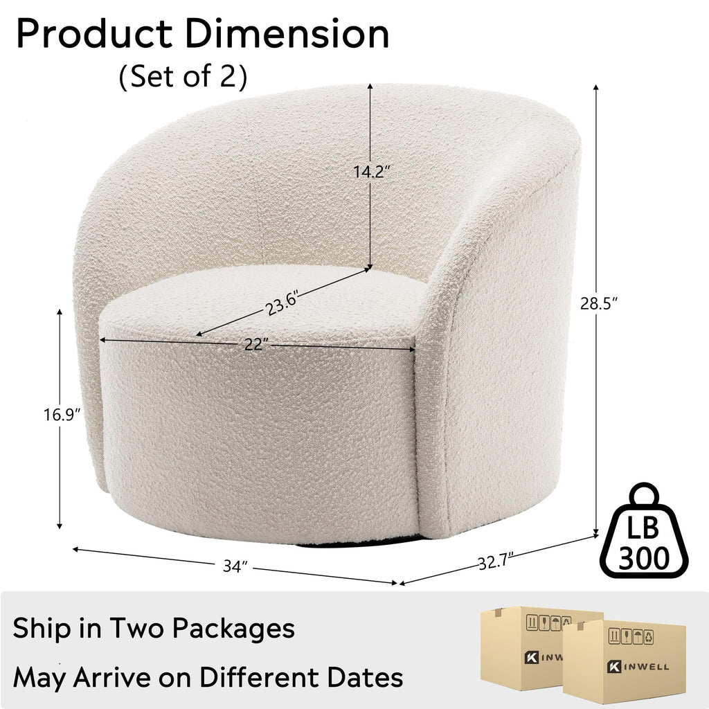 34" W No Assembly Boucle Swivel Barrel Chairs Set of 2, Cream