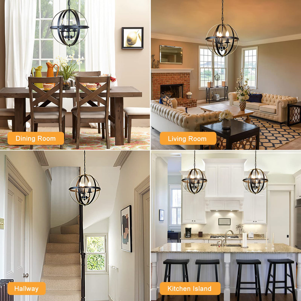 Chandelier Farmhouse Hanging Lighting, 3 Lights Globe Ceiling Light Fixture, Metal Swag Pendant Lighting, E12 Base