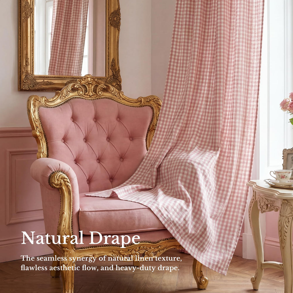 Rose Pink Plaid Curtains, Tie Top Bow Knot Checkered Girls Room Window Treatments, Coquette Room Decor Semi Sheer