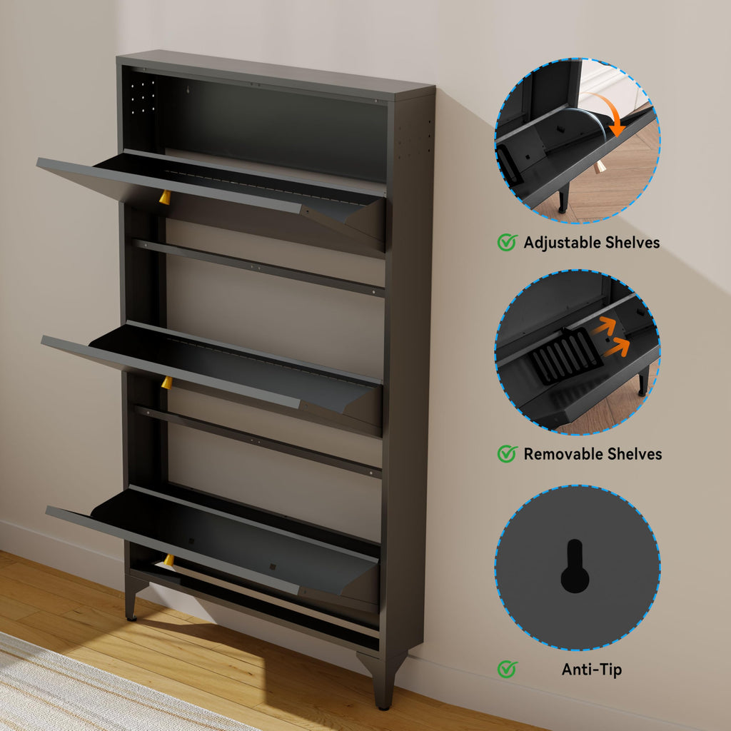 Shoe Cabinet with 3 Flip Drawers-Metal Narrow Shoe Rack -Hidden Metal Shoe Cabinet-Freestanding Shoe (3 Door, Black)