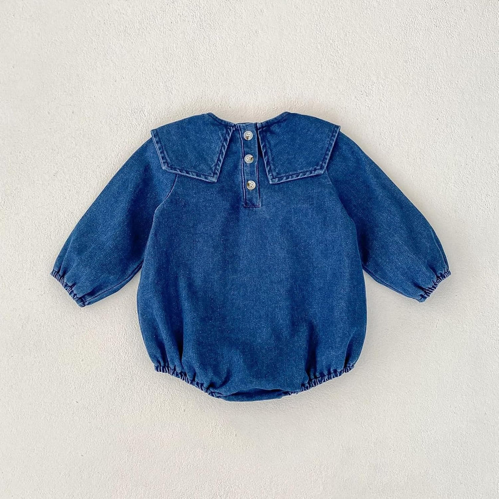 Baby Girls Denim Romper with Cute Big Collar - Spring/Fall - Runs Large