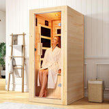 1-Person Infrared Sauna for Home, 110V Spruce Wood Dry Sauna with Foot Warmer, Compact Indoor Spa with LED Light, Heats Up to 149°F